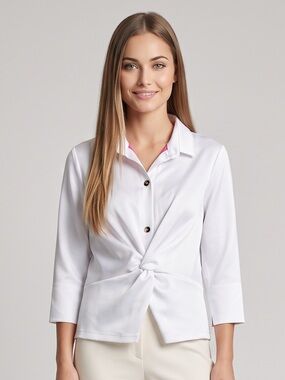 🌻Gretchen Scott Solid White Twist & Shout Button Front Collared Top